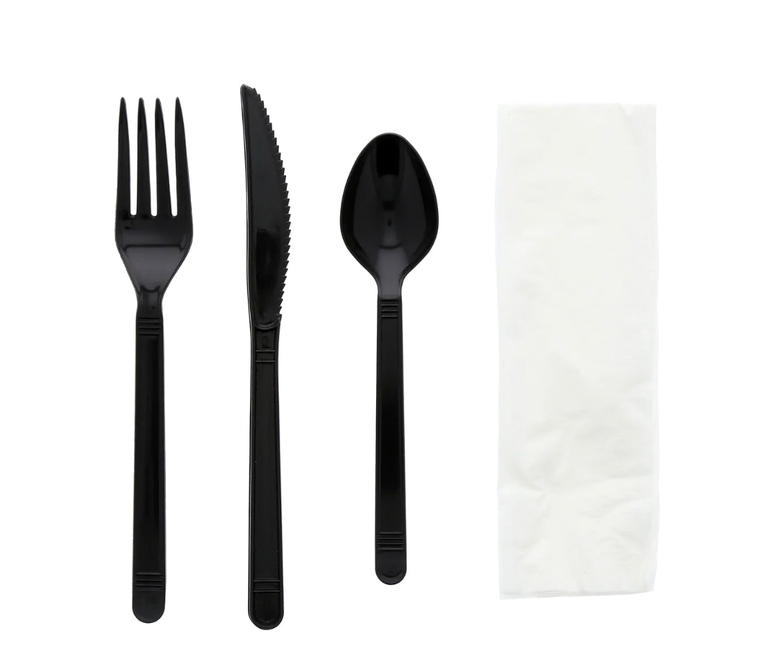 Cutlery Kit, PP, 4 Piece Black Heavy Weight (F,K,S, 13x17 Nap), 250 Kits