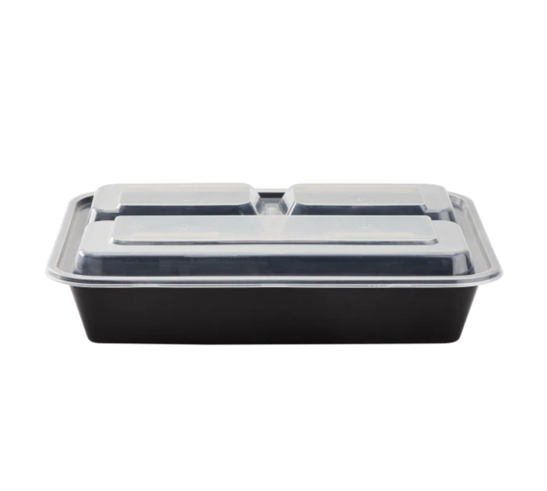 Microwaveable Rectangular Food Containers & Lids 32oz, Black, 3 Compartments - 150 sets