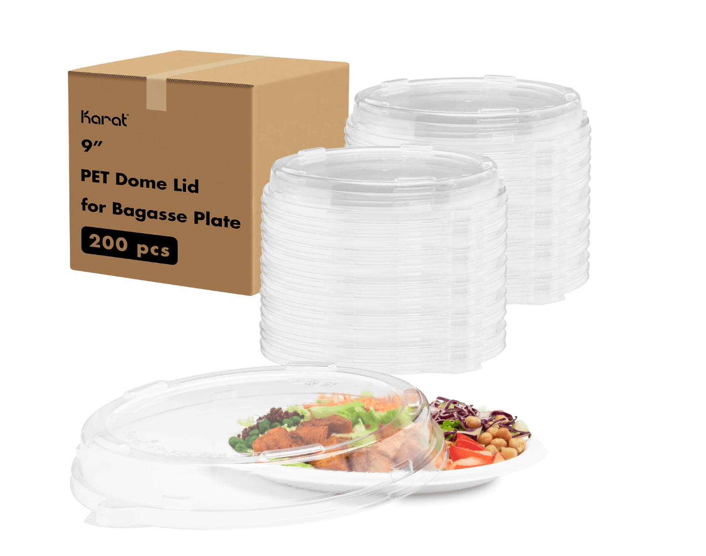 PET Plastic Dome Lid for 9'' Bagasse Round Plates, - 200 pcs